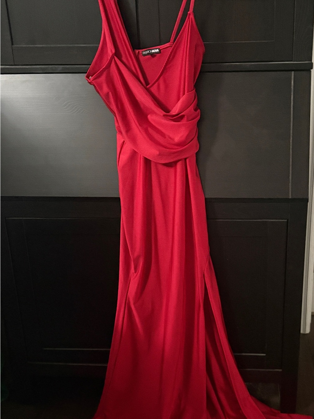 Fashion Nova Red Draped Satin Maxi Dress